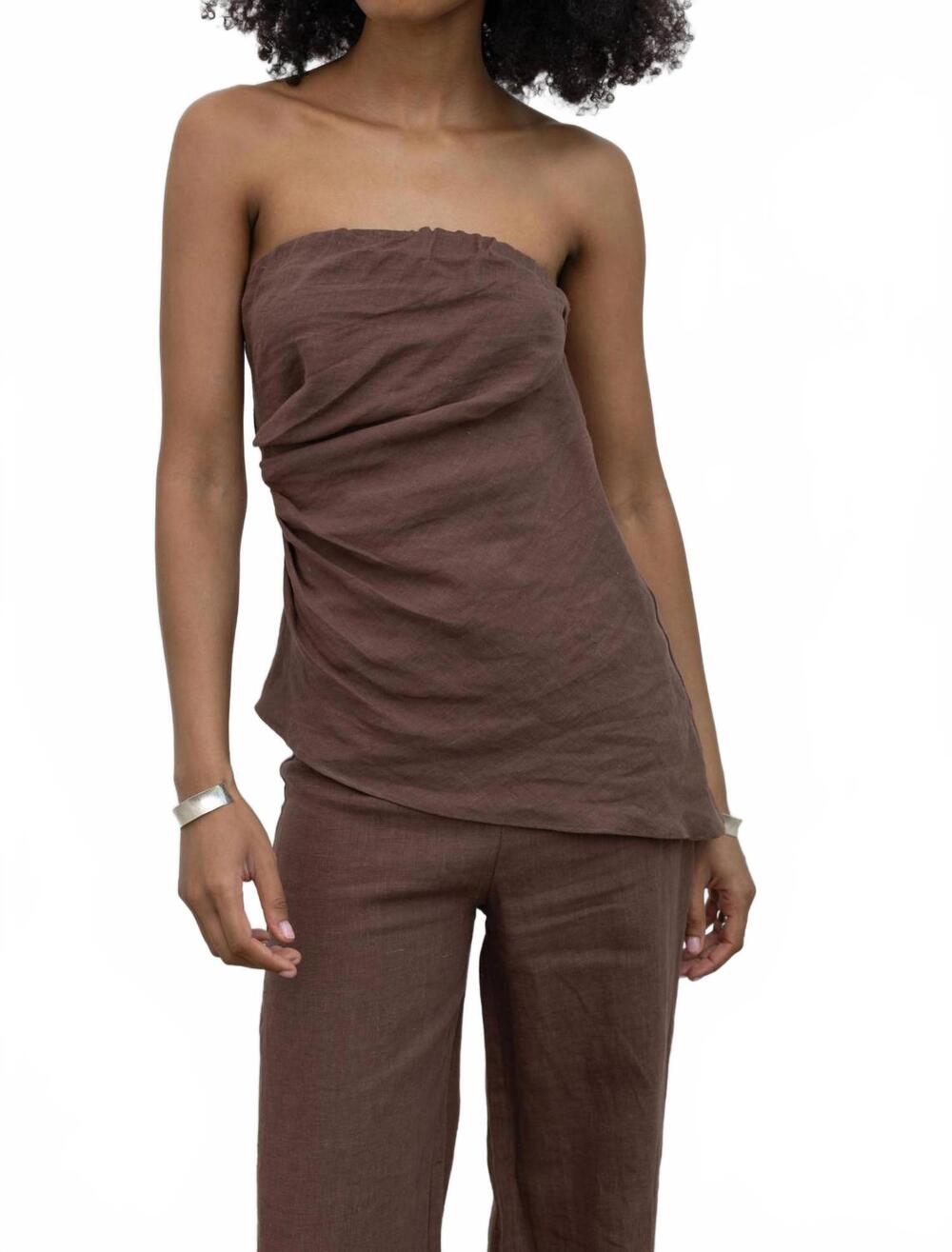 NEW COLLECTIVE draped strapless linen top in brown